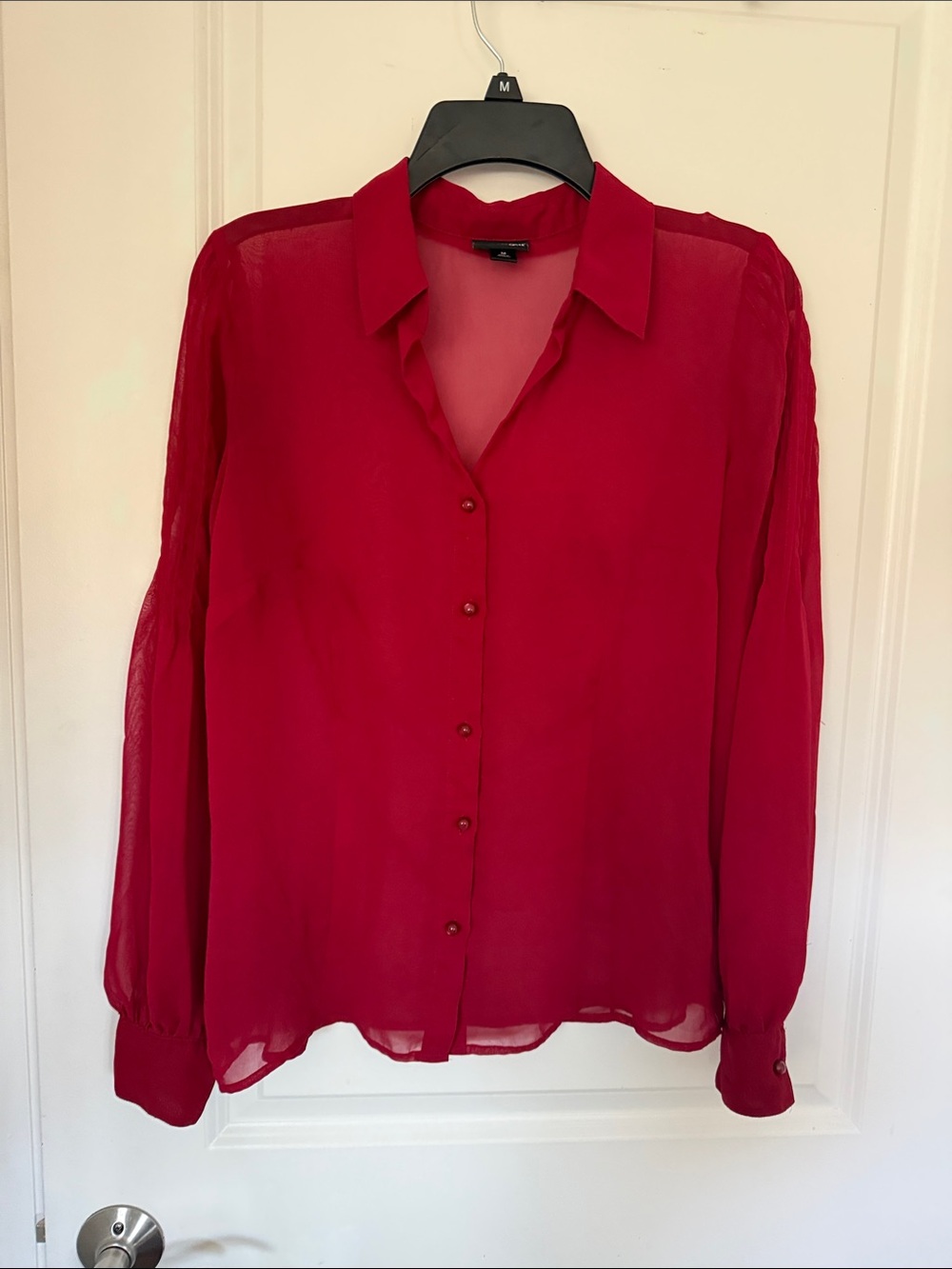 East 5th Sheer Button-Down Blouse in Red